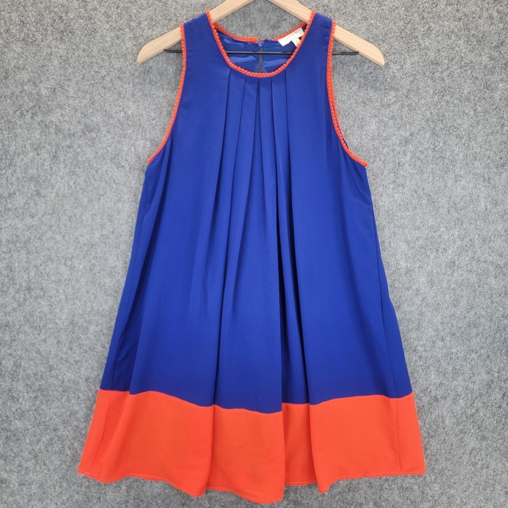 Umgee Dress Womens S Blue Orange Sleeveless Pleated Swing Shift Pom Pom‎ Trim